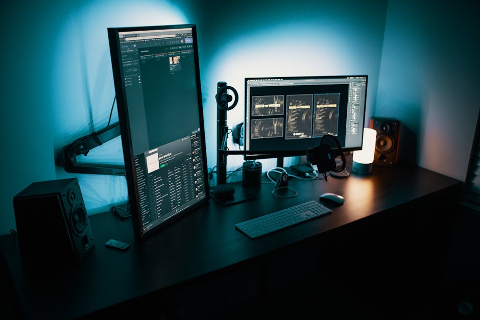 A contemporary office desk featuring a dual monitor setup with stylish lighting.